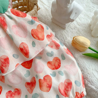 Summer Girls' Heart Print Sleeveless Romper Jumpsuit - Breathable Cotton-Polyester Blend Toddler Outfit