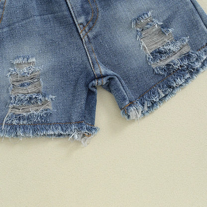 Summer Casual 2-Piece Outfit for Baby Girls: Sleeveless Camisole and Ripped Denim Shorts Set