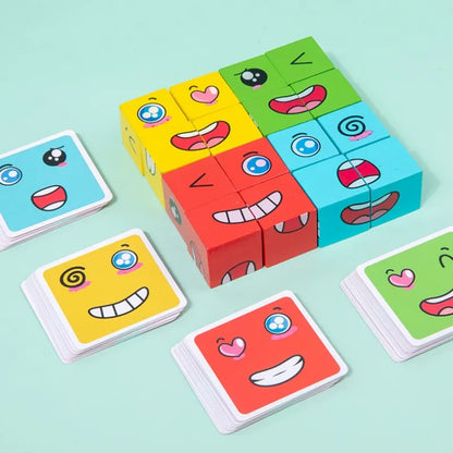 Wooden Expression Matching Puzzle Cube - Educational Building Blocks Game for Kids Aged 4-12