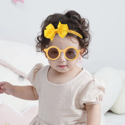 Sunflower Bow Headband and Sunglasses Set for Kids - Retro Round Heart Glasses and Hair Clip Combo for Girls Aged 4-6Y