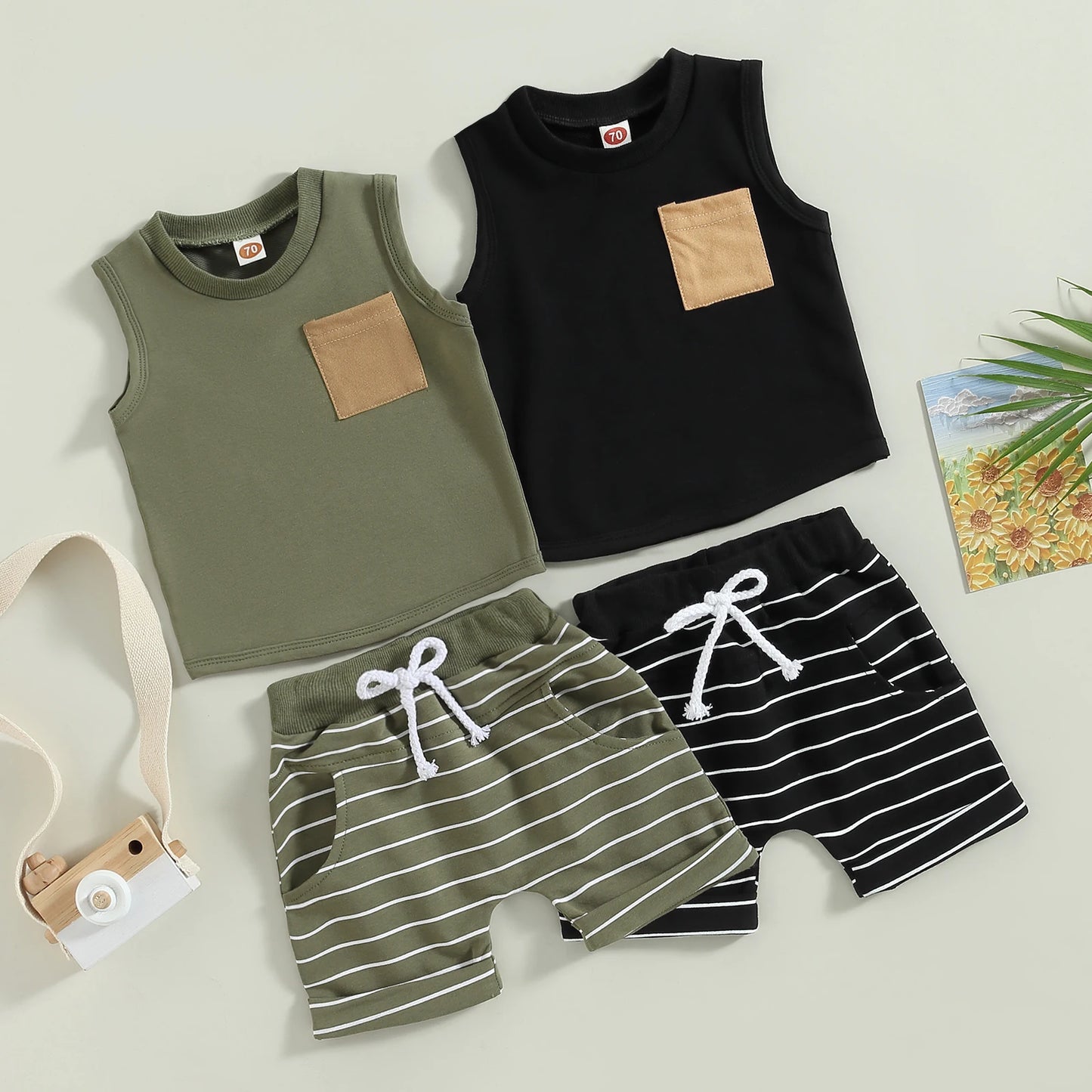 Toddler Summer Boys' Striped Tank Top and Shorts Set for Beach Fun