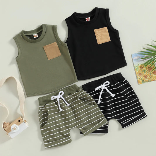 Toddler Summer Boys' Striped Tank Top and Shorts Set for Beach Fun