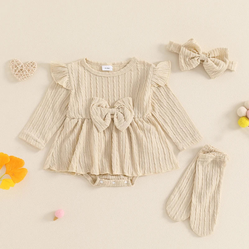 Adorable Baby Girls 3-Piece Ribbed Ruffled Romper Set with Bow, Headband, and Stockings