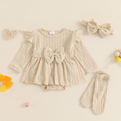 Adorable Baby Girls 3-Piece Ribbed Ruffled Romper Set with Bow, Headband, and Stockings