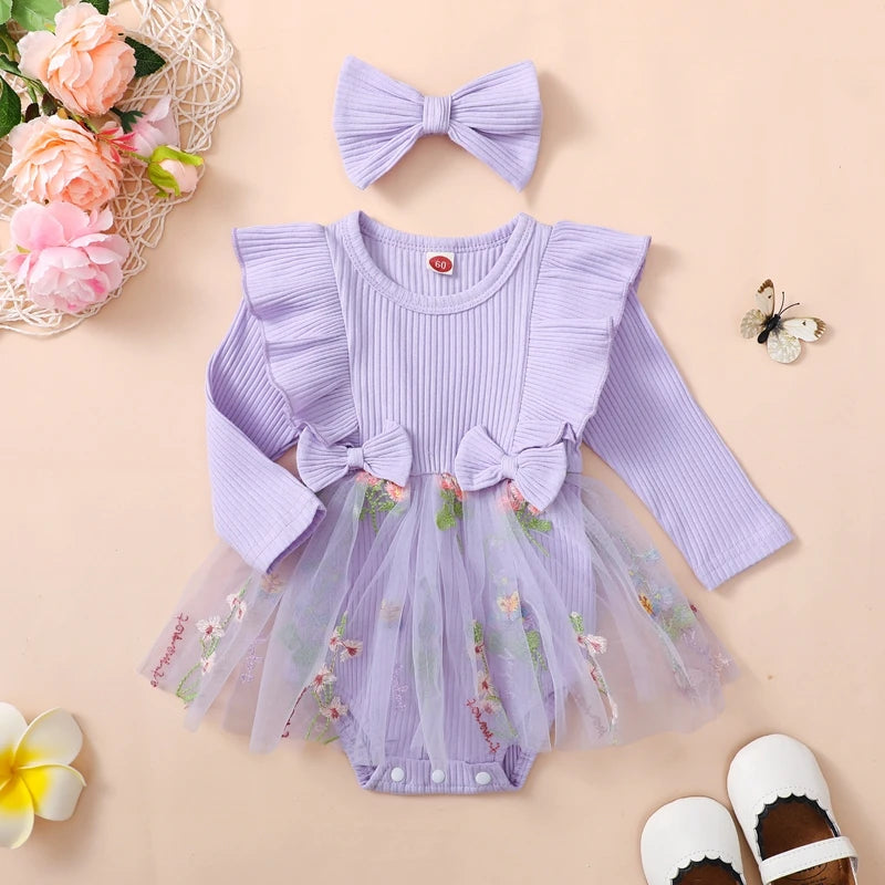 Adorable Baby Girls Floral Ruffled Long Sleeve Romper Dress with Headband Set for Newborns