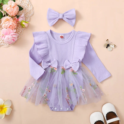 Adorable Baby Girls Floral Ruffled Long Sleeve Romper Dress with Headband Set for Newborns