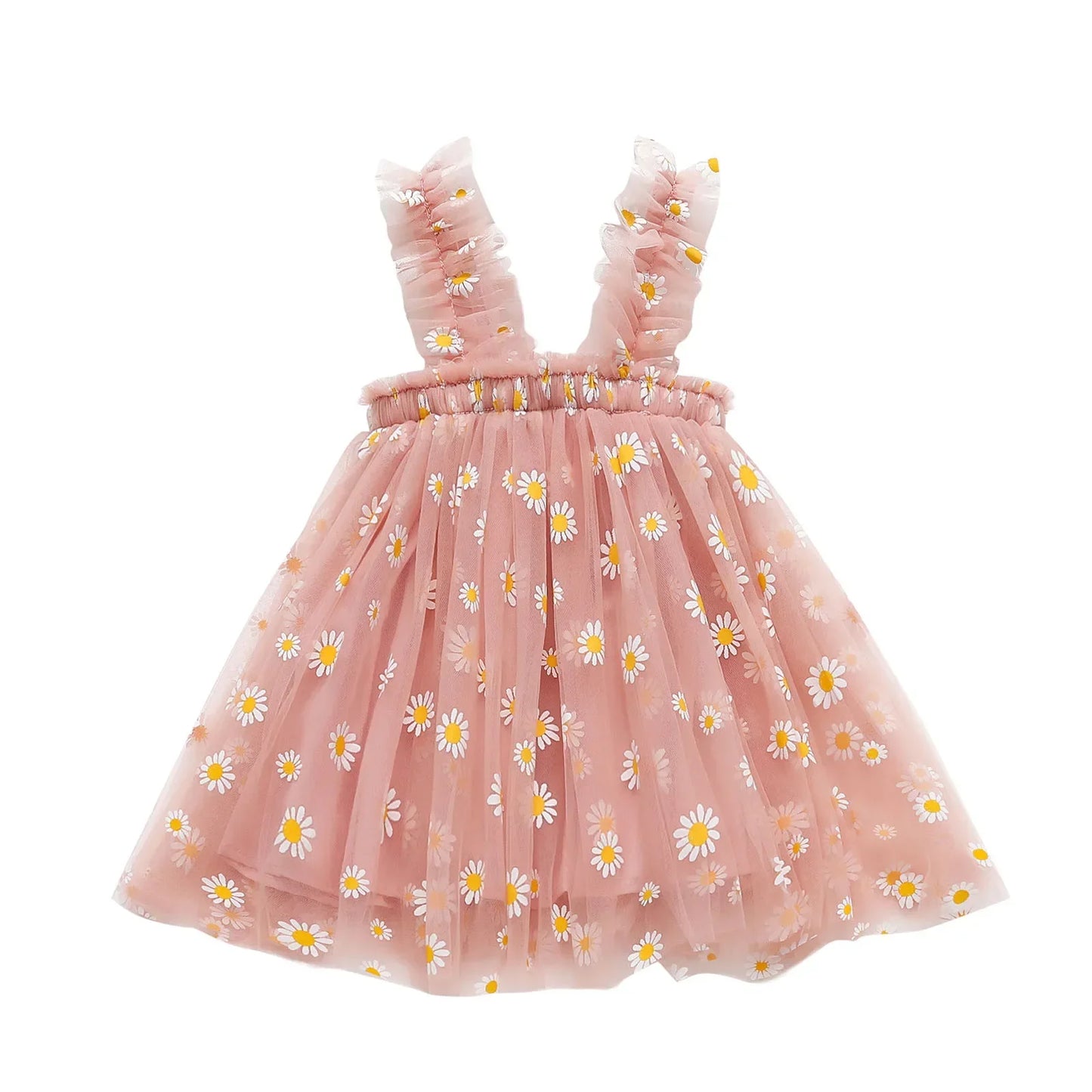 Toddler Girls' Sleeveless Floral Tulle Dress - Elegant Daisy Print Birthday Party Outfit for Summer