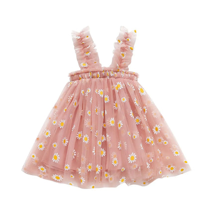 Toddler Girls' Sleeveless Floral Tulle Dress - Elegant Daisy Print Birthday Party Outfit for Summer