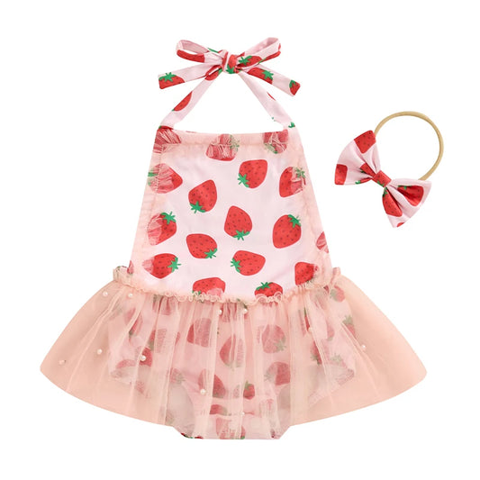 Adorable Baby Girl Summer Ruffle Romper Dress with Strawberry Print and Matching Headband Set