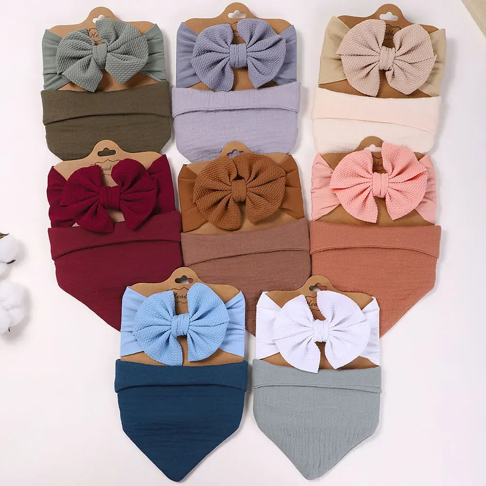 Toddler Ruffled Edge Turban Set with Big Bow - 2Pcs Solid Color Headbands for Newborns and Toddlers