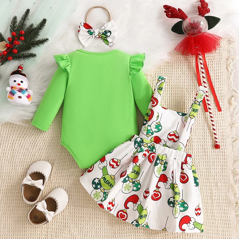 Adorable Baby Girl Christmas 3-Piece Outfit Set with Flying Sleeve Romper, Suspender Skirt, and Headband