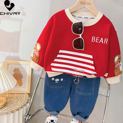 Adorable 2023 Children's Cartoon Bear Striped Sweatshirt and Denim Pants Outfit Set for Boys and Girls