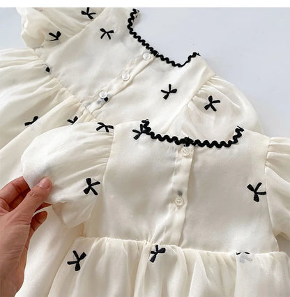 Summer Sisters Infant Bow Puff Sleeve Dress - Breathable Newborn Romper for Girls, Perfect for Summer Gifts