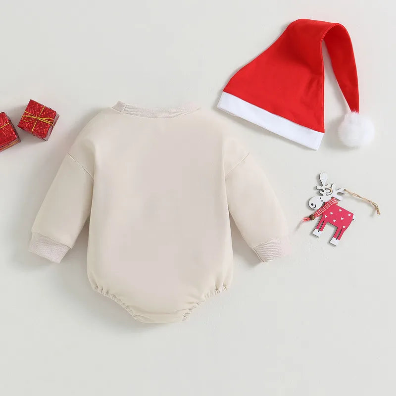 Adorable Christmas Infant Bodysuit Set for Boys and Girls - Long Sleeve Elk Print Jumpsuit with Matching Hat - 2-Piece Autumn Outfit