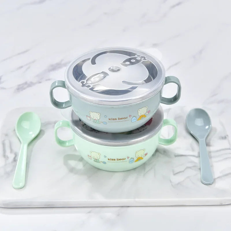 Cartoon-Printed Stainless Steel Insulated Baby Feeding Bowl Set with Spoon - BPA Free, 300ml