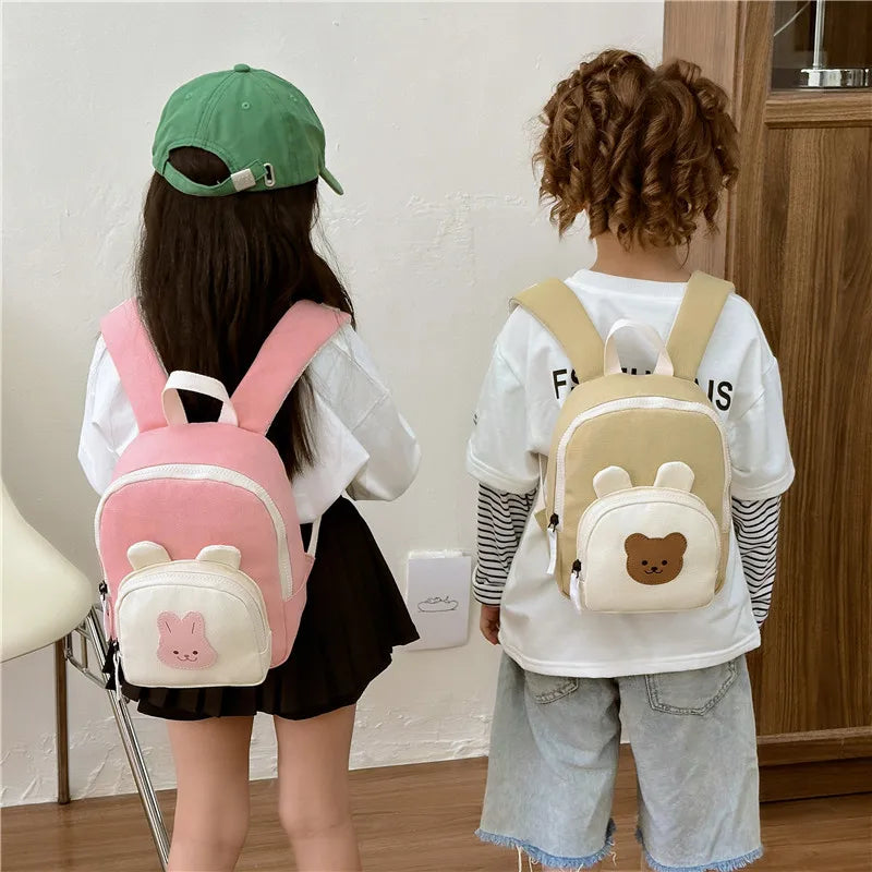 Adorable Cartoon Bear and Bunny Canvas Backpack for Kids - Perfect for Kindergarten and School!
