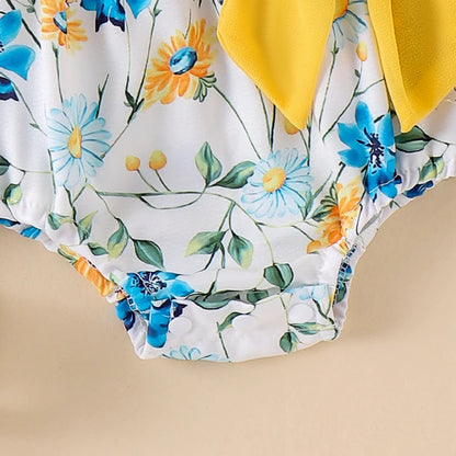 Toddler Summer Floral Bow Bodysuits with Ruffle Sleeves for Girls 0-18 Months