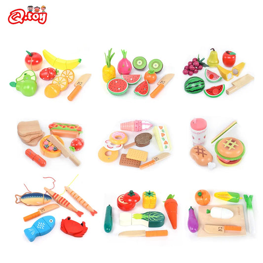 Wooden Fruit and Vegetable Cutting Play Set for Kids - Montessori Educational Kitchen Toy for Imaginative Role Play