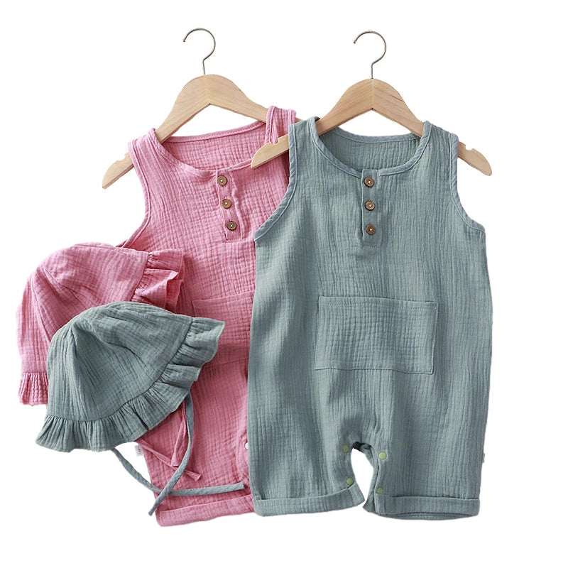 Sleeveless Summer Cotton Muslin Baby Romper with Matching Hat - Soft Toddler Overalls for Newborns and Infants