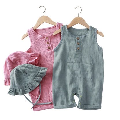 Sleeveless Summer Cotton Muslin Baby Romper with Matching Hat - Soft Toddler Overalls for Newborns and Infants