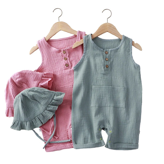 Sleeveless Summer Cotton Muslin Baby Romper with Matching Hat - Soft Toddler Overalls for Newborns and Infants