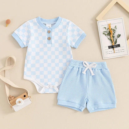 Trendy Baby Boys Summer Ribbed Checkerboard Bodysuit and Shorts Set (0-18 Months)