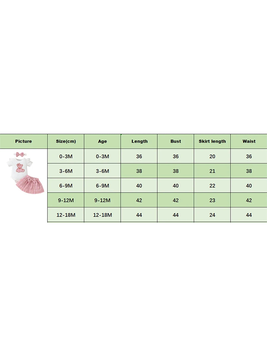 Adorable Baby Girls 3-Piece Skirt Set with Bear Embroidery Romper, Bow Mini Skirt, and Headband for Summer