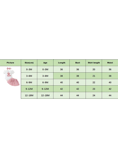 Adorable Baby Girls 3-Piece Skirt Set with Bear Embroidery Romper, Bow Mini Skirt, and Headband for Summer