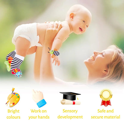 Soft Plush Baby Rattle Set for Newborns - 4 Animal Wrist and Foot Toys for Developmental Play