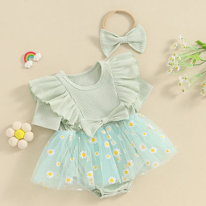 Adorable Baby Girl 2-Piece Daisy Print Summer Romper Dress Set with Matching Headband
