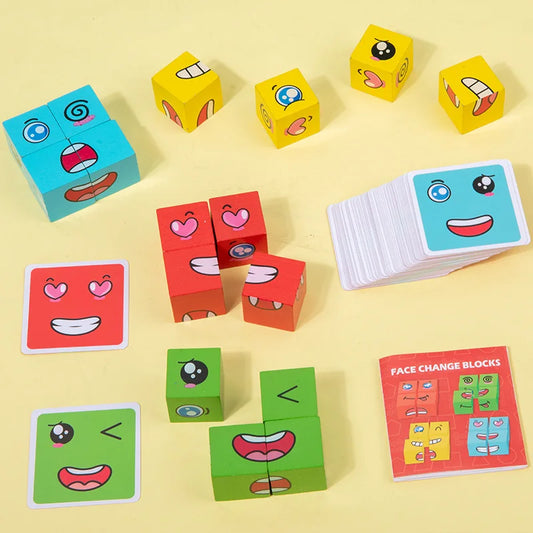Wooden Expression Matching Puzzle Cube - Educational Building Blocks Game for Kids Aged 4-12