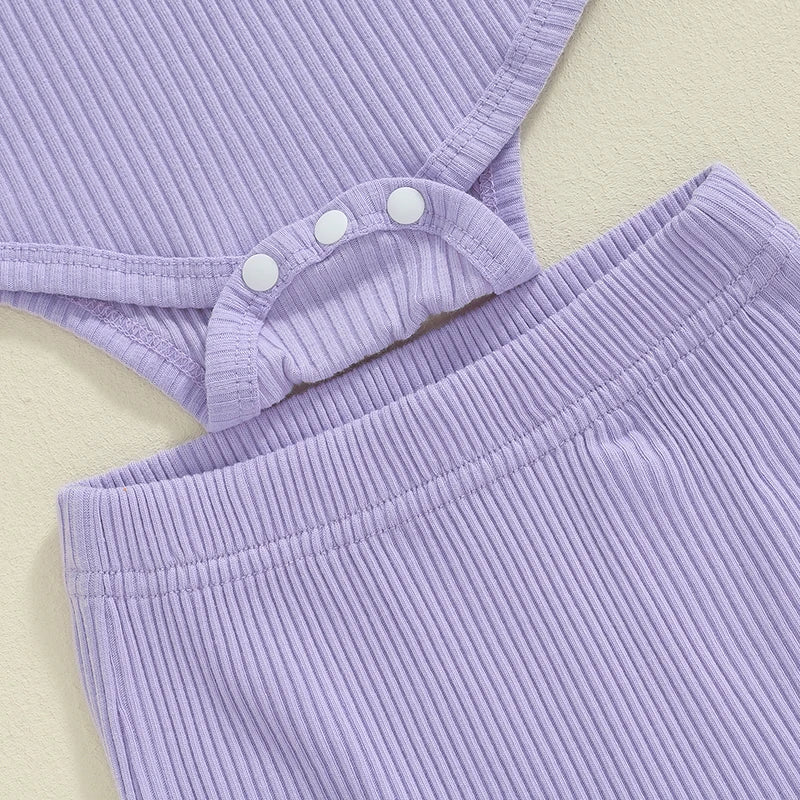 Adorable Baby Girls Ribbed 3-Piece Set with Letter Print Romper, Long Trousers, and Matching Hair Band