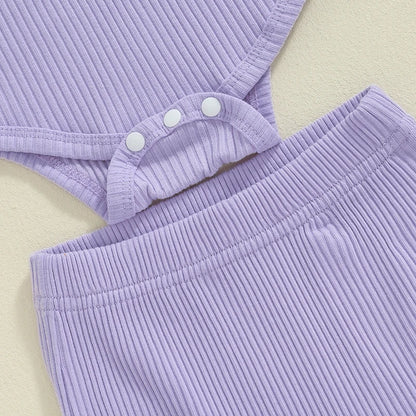 Adorable Baby Girls Ribbed 3-Piece Set with Letter Print Romper, Long Trousers, and Matching Hair Band