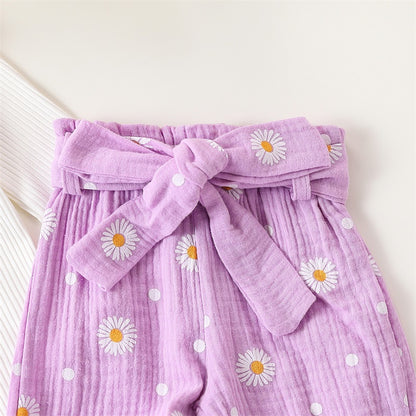 Adorable Baby Girl Autumn 3-Piece Cotton Outfits Set with Floral Romper, Pants, and Headband