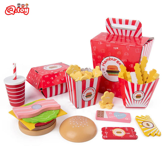 Wooden Hamburger & Fries Play Set - Interactive Montessori Kitchen Toy for Kids