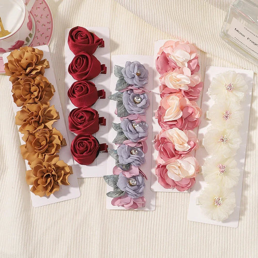 Charming Handmade Chiffon Flower Hair Clips Set for Girls – 3 to 5 Pcs Rolled Rose Hair Accessories