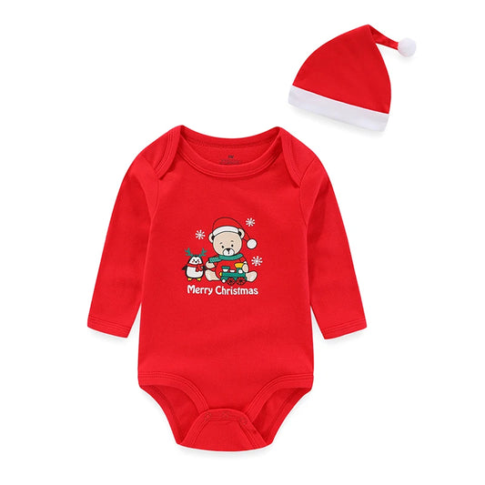 Unisex Cotton Baby Bodysuit and Pants Set with Hair Band/Hat - Newborn Christmas Outfit for Boys and Girls