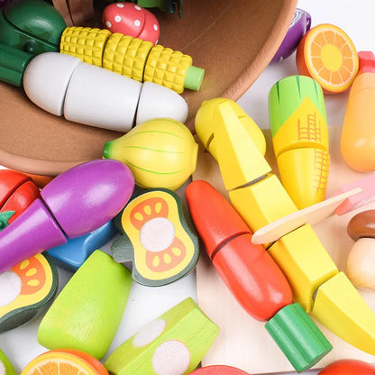 Wooden Fruit and Vegetable Cutting Play Set for Kids - Montessori Educational Kitchen Toy for Imaginative Role Play
