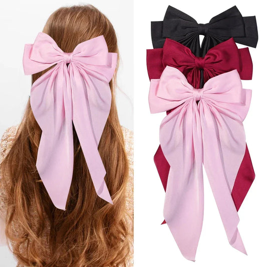 3-Piece Chic Satin Bow Hair Clip Set for Women - Stylish Solid Color Ponytail Barrettes