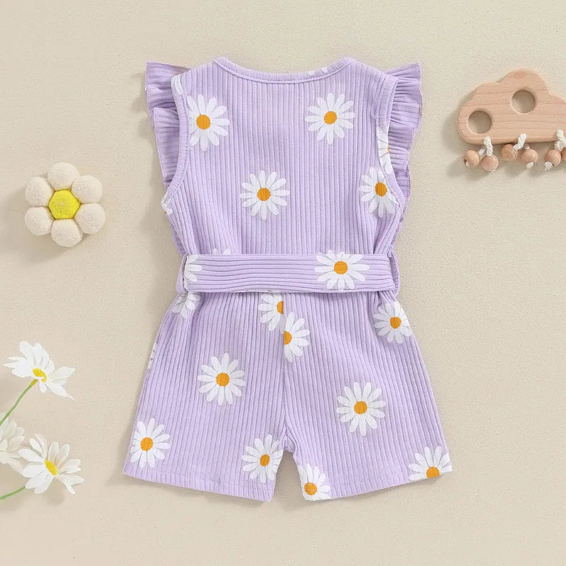 Summer Daisy Print Girls' Sleeveless Romper with Ruffled Sleeves and Belt