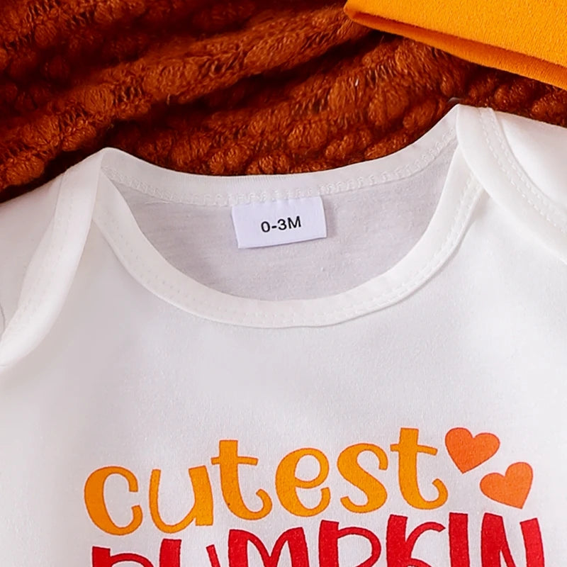 Adorable Baby Halloween Outfit Set with Pumpkin Pants, Hat, and Letter Print Long Sleeve Romper for Newborns