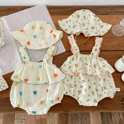 Summer Floral Muslin Baby Romper Set with Hat - Sweet Heart Print Sleeveless Jumpsuit for Newborns and Toddlers