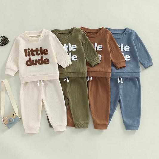 Unisex Baby Waffle Outfit Set with Letter Embroidery - Long Sleeve Sweatshirt and Elastic Waist Pants for Newborns
