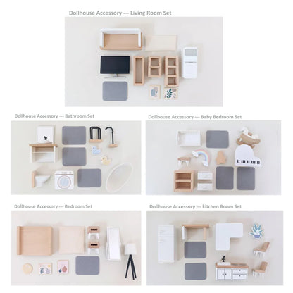 Wooden Dollhouse Furniture Collection - Complete Room Set for Kids' Pretend Play