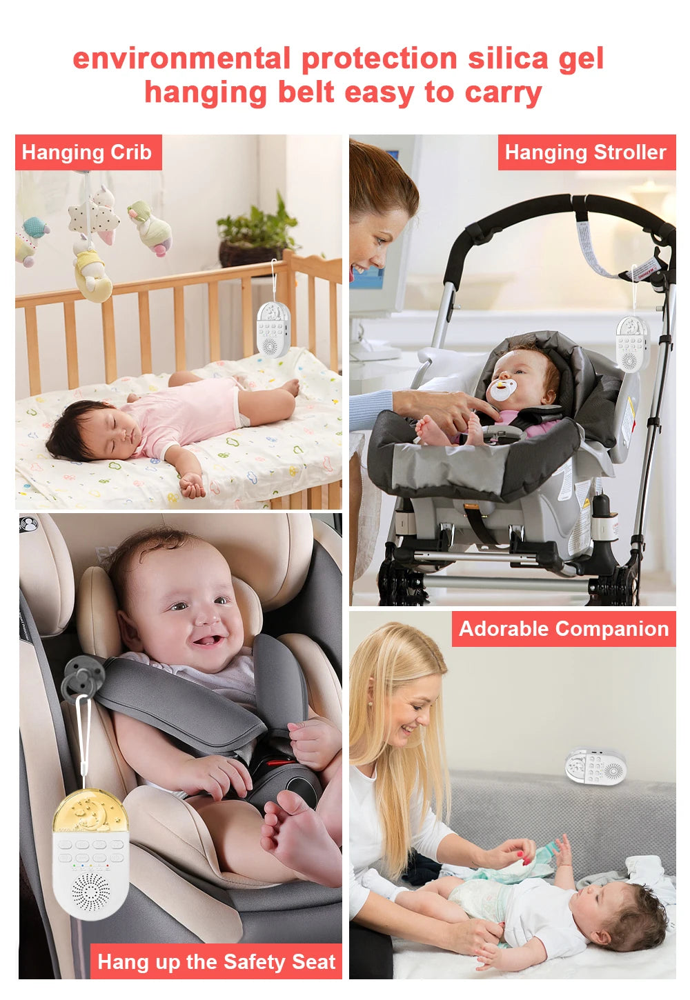 Portable Baby Soothing Sound Machine with 24 Natural Sounds and Gentle Breathing Light for Sleep and Relaxation
