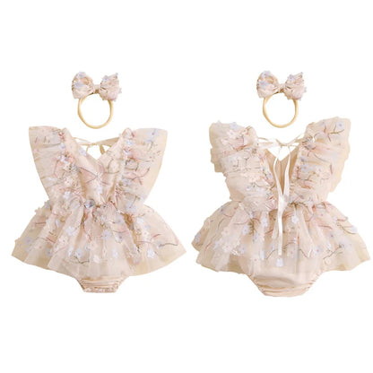 Summer Floral Embroidered Baby Girl Romper Dress Set with Tulle Skirt and Bowknot Headband
