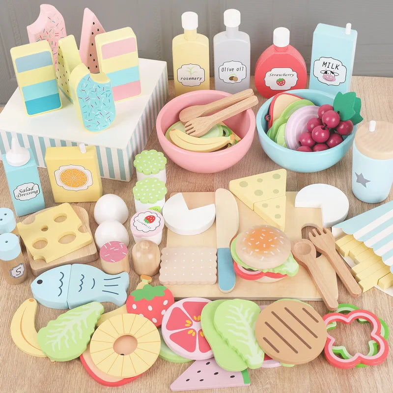 Wooden Pretend Play Food Kitchen Toys Classic Cutting Cooking Set Kids HousePlay Educational Imitation Game Toys for Girls Boys