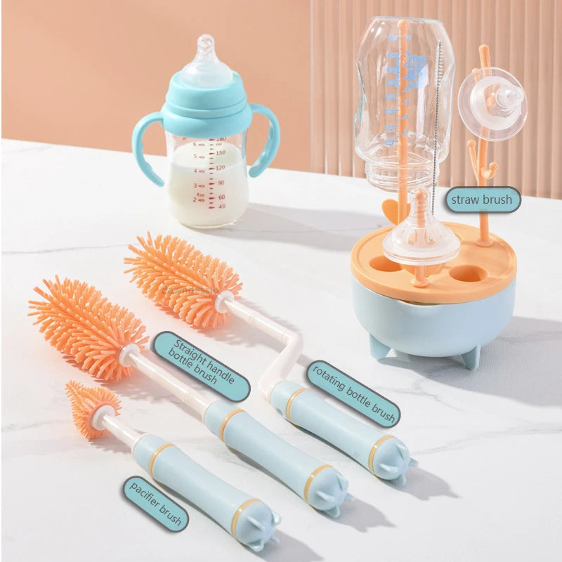 Silicone Bottle Cleaning Brush with 360-Degree Rotating Design and Efficient Drying Rack for Babies