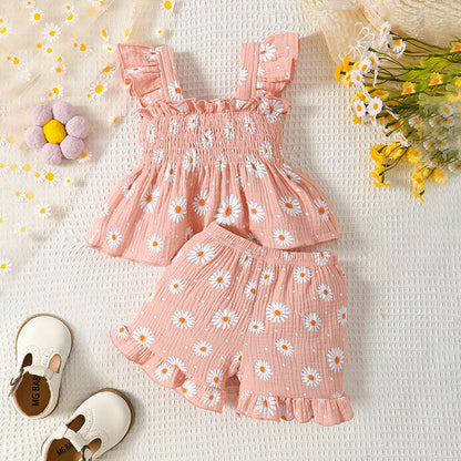 Adorable Baby Girl Summer Outfit Set with 3D Floral Ruffle Top and Shorts