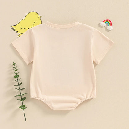 Unisex Baby Romper with Rooster Letter Embroidery - Casual Short Sleeve Jumpsuit for Newborns